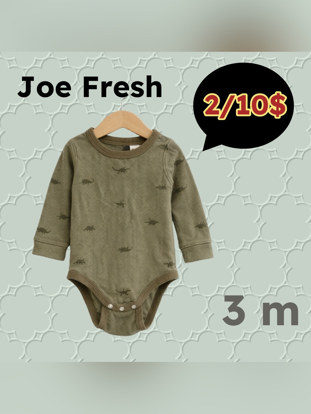 🌈 2/10$ 🇨🇦👍GUC JOE FRESH | 3m | Green Dino print Long sleeves Baby Onesie
